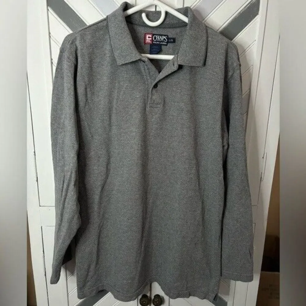 Chaps Ralph‎ Lauren Men's Large Vintage Gray Cotton 1/4 Button Long Sleeve Polo